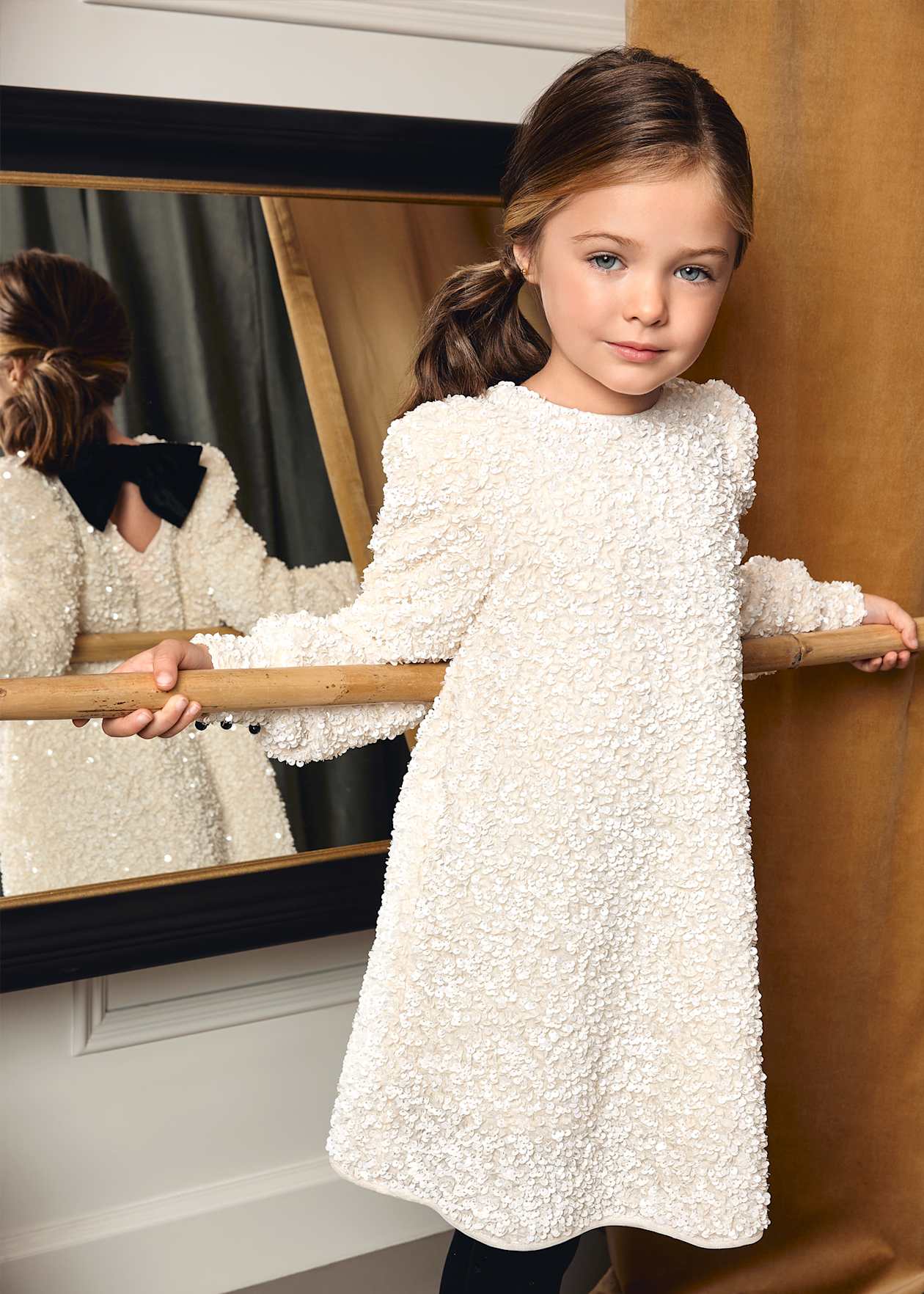 Cream Sequin Dress with Velvet Bow - Cardeva